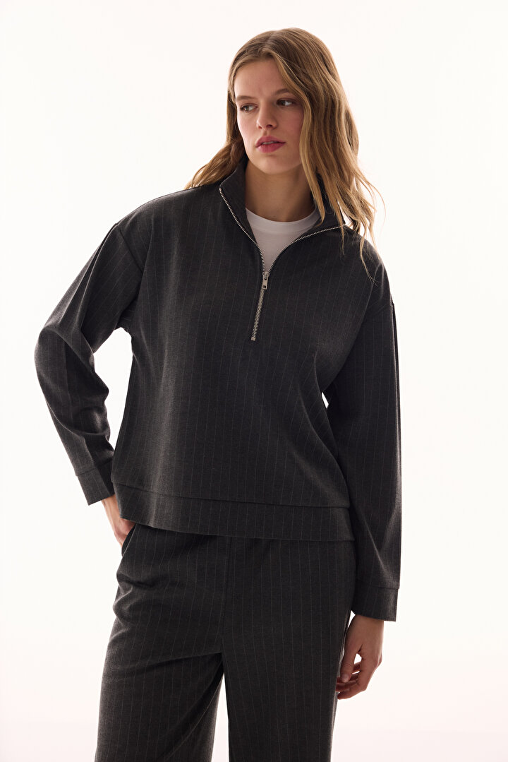 Anthracite Zipped Striped Sweatshirt - 2
