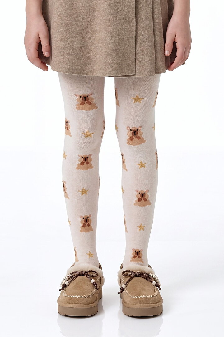Girls' Marshmallow Pretty Teddy Star Bear Print Cotton Tights - 1