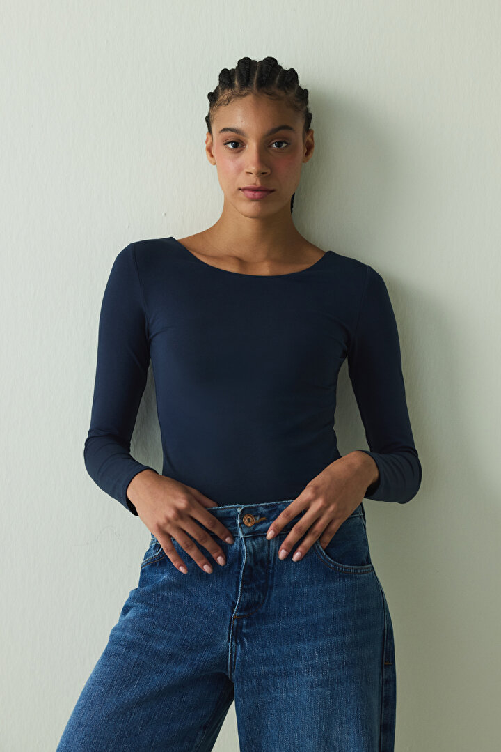 Lacivert Bisiklet Yaka Uzun Kollu Sabit Kaplı Slim Fit Üst - 1