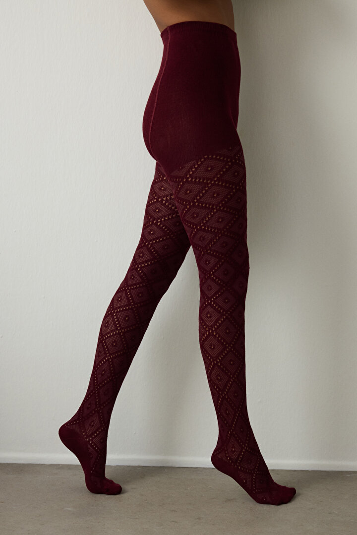 Burgundy Colosio Diamond Patterned 100 Denier Matte Tights - 1