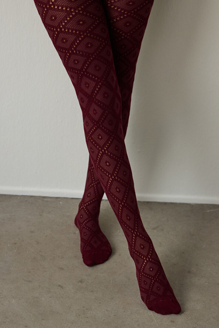 Burgundy Colosio Diamond Patterned 100 Denier Matte Tights - 2