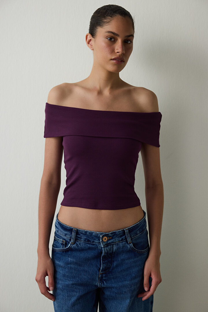 CUPsecret Kendinden Pedli Mor Foldable Madonna Yaka Kolsuz Slim Fit Üst - 2