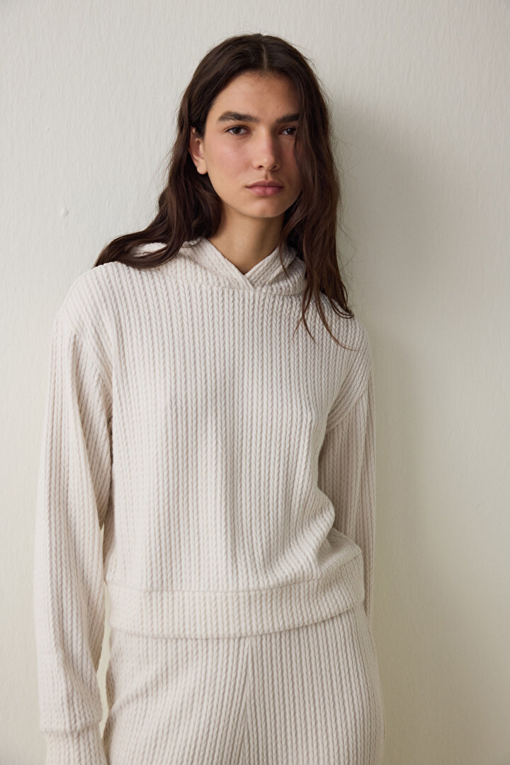 Ekru Örgü Detaylı Kapüşonlu Sweatshirt - 2