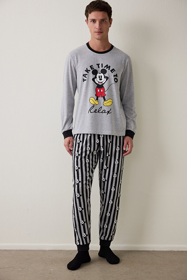 Gri Melanj Erkek Mickey Mouse Uzun Kollu Pijama Takımı - 1