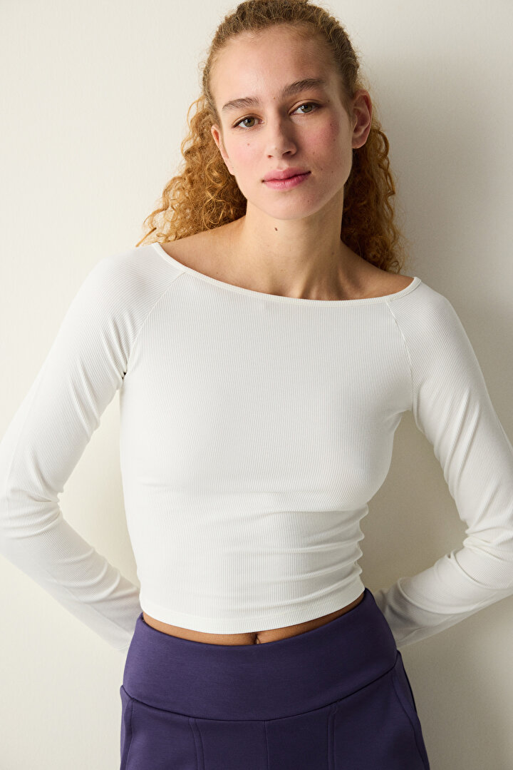 Boat Neck Rib Off White Top - 1