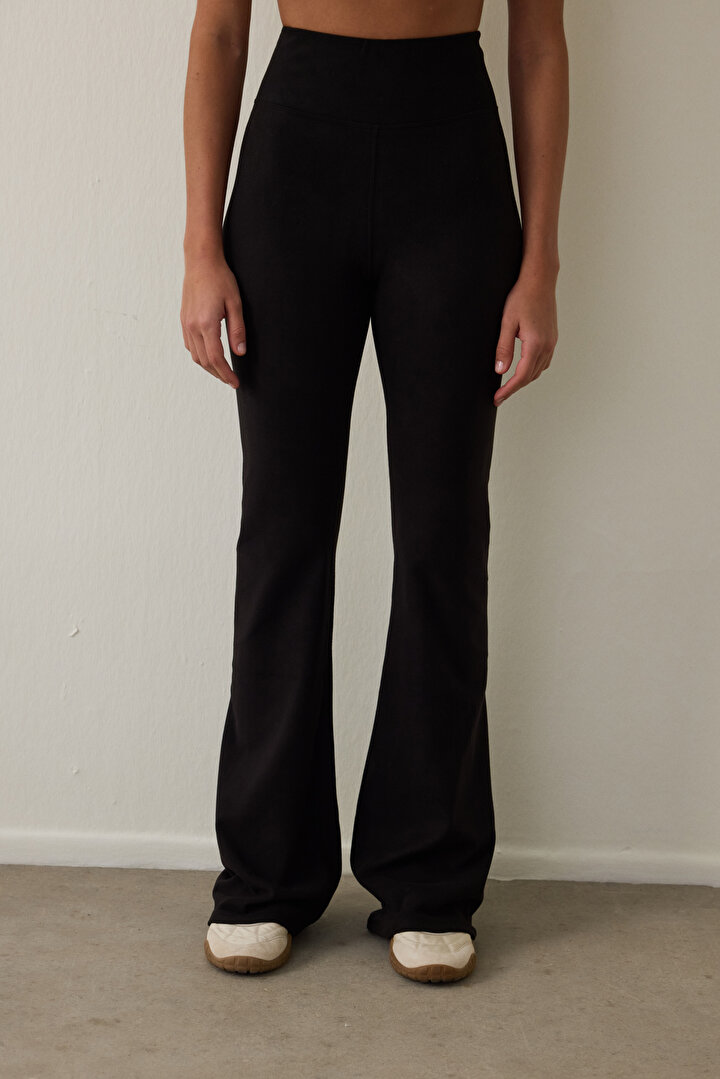 Black Thermal Effect Velvet Texture High Waist Flare (Spanish Leg) Leggings - 1