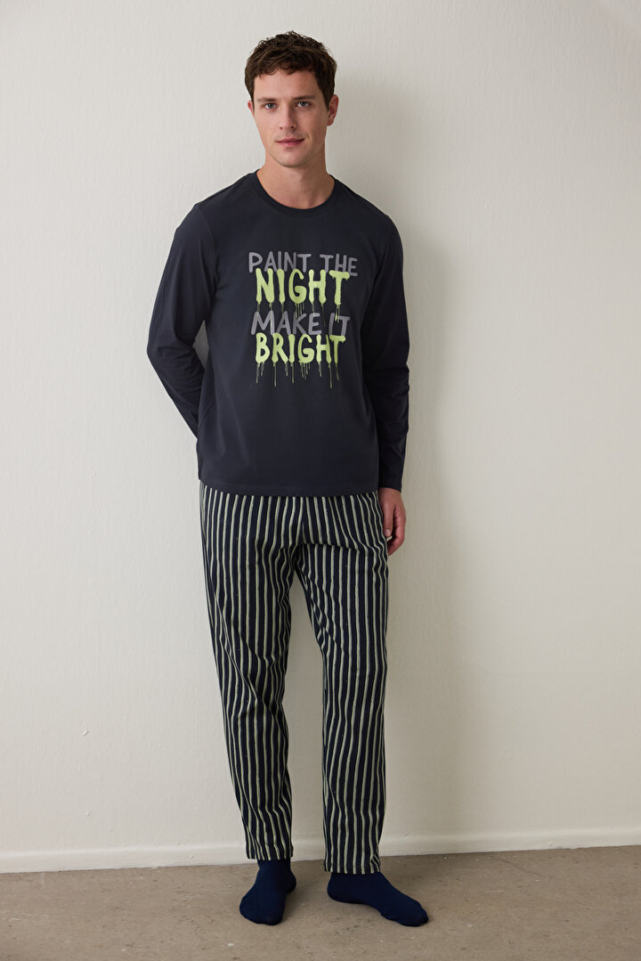 Çizgili Night Erkek Bisiklet Yaka Uzun Kollu Pijama Takımı - 1