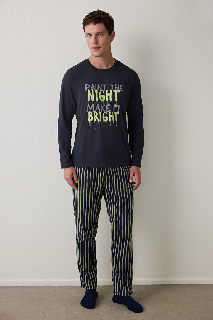 Çizgili Night Erkek Bisiklet Yaka Uzun Kollu Pijama Takımı - 2