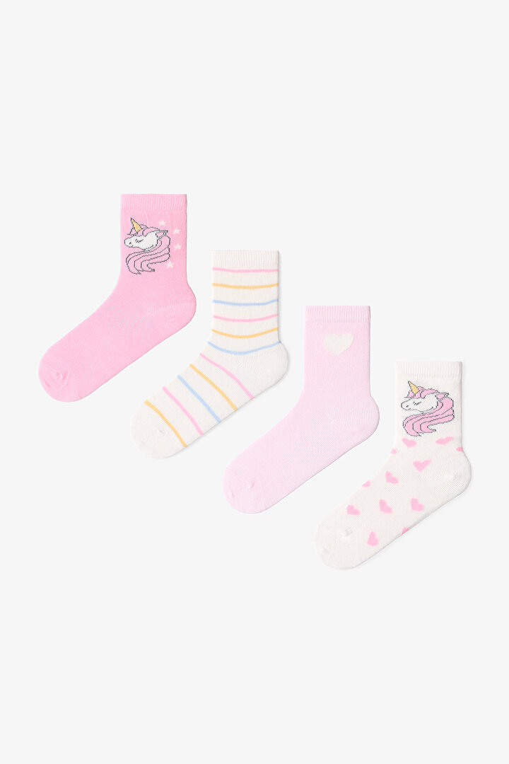 Çok Renkli Kız Çocuk Heart Stripe Unicorn 4lü Soket Çorap - 1