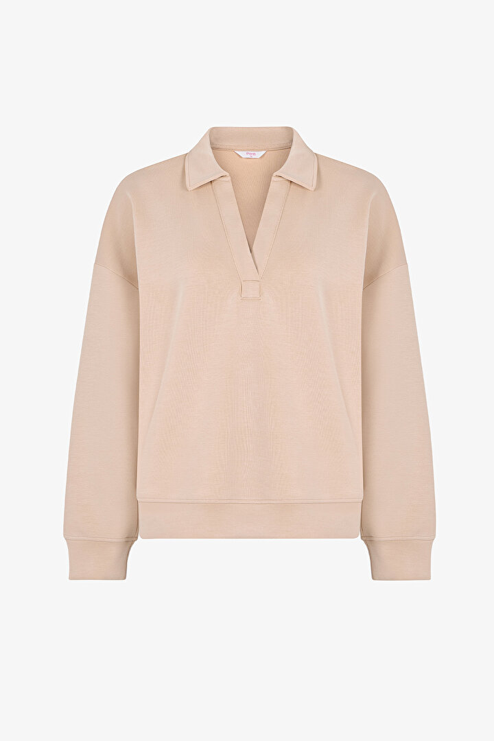 Pastel Bej Polo Yaka Modal Sweatshirt - 1