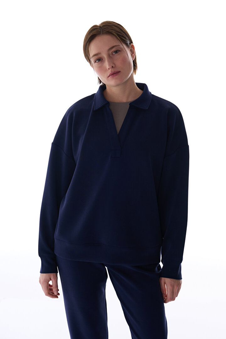 Navy Polo Neck Modal Sweatshirt - 1