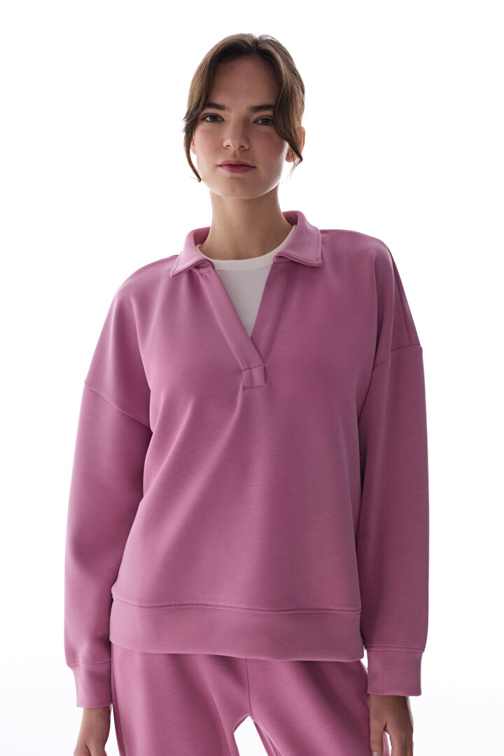 Rose Pink Polo Neck Modal Sweatshirt - 1