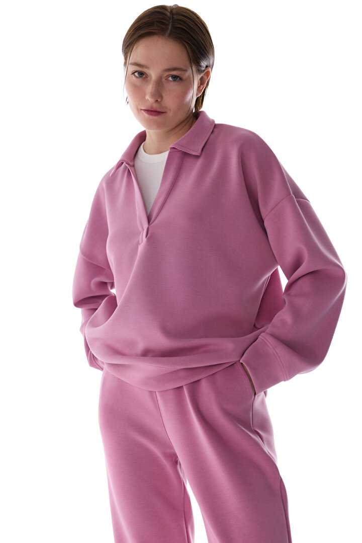 Rose Pink Polo Neck Modal Sweatshirt - 2
