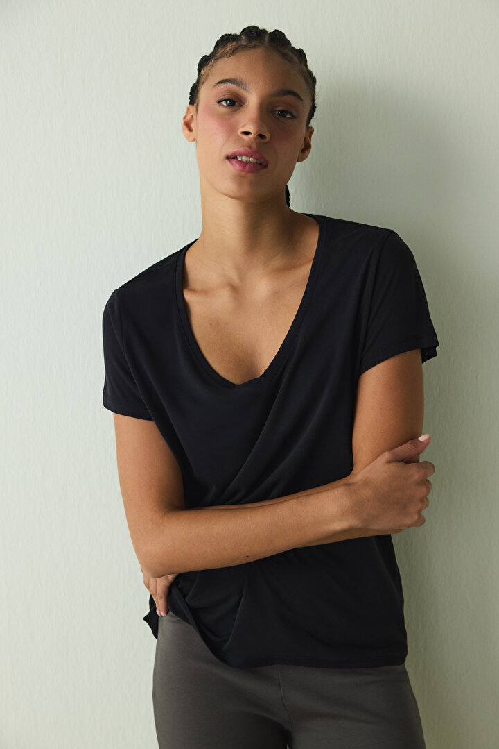 Black V Neck Modal Short Sleeve T-Shirt - 1