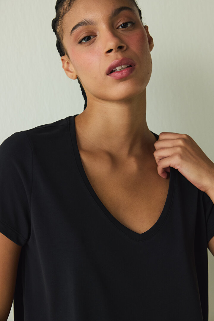 Black V Neck Modal Short Sleeve T-Shirt - 2