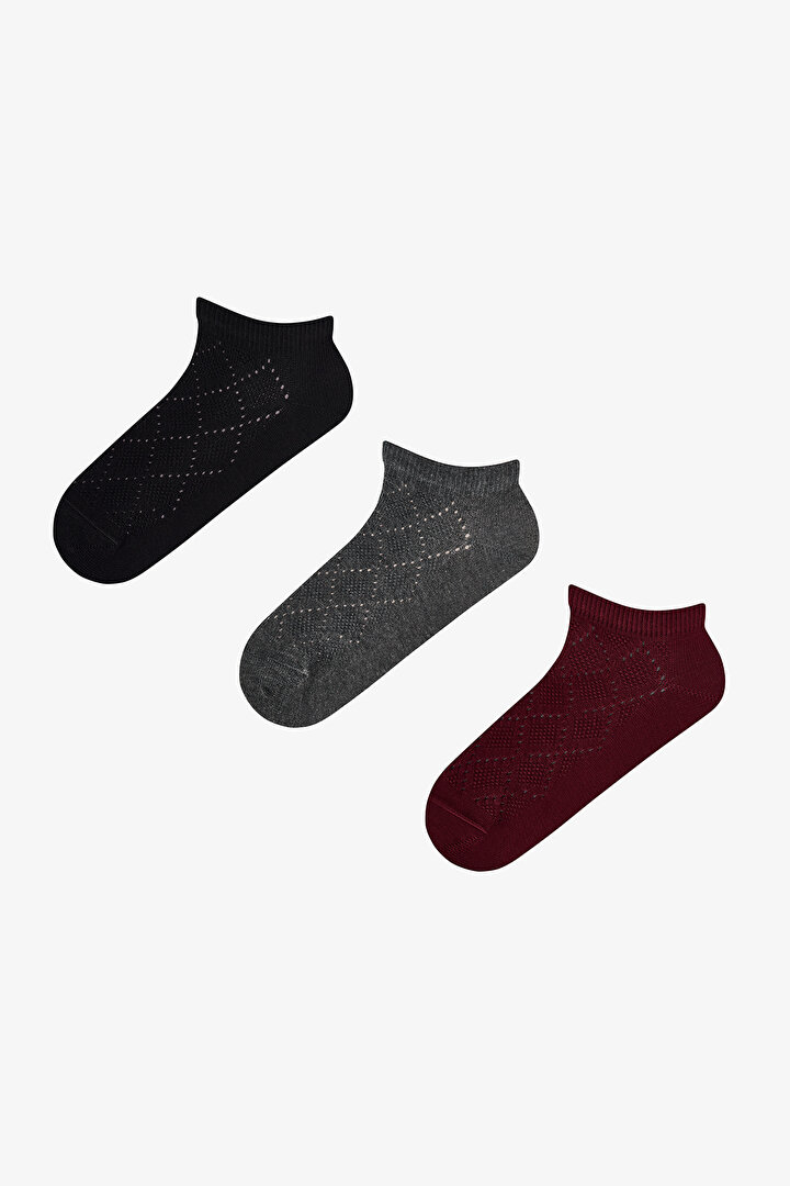 Burgundy Diamond Jacquard 3-Pack No-Show Socks - 1