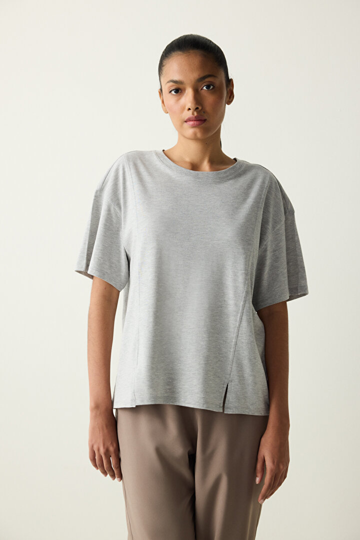 Sporty Stitched Grey Melange Tshirt - 1