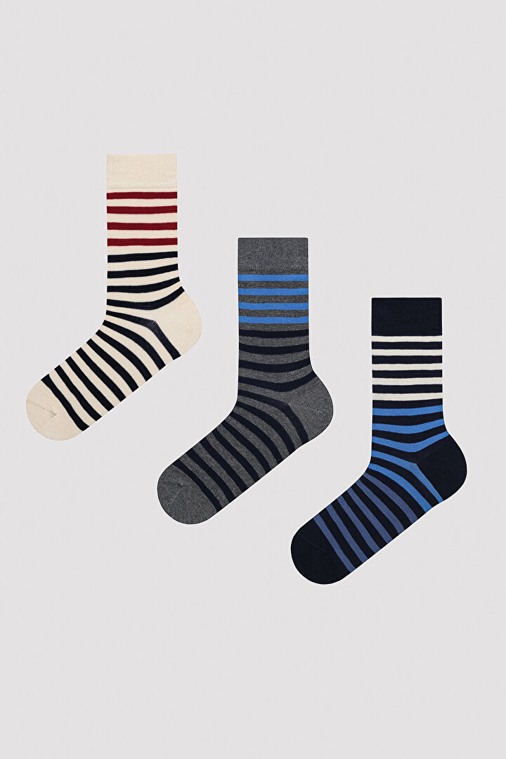 Erkek Colour Stripe Çok Renkli 3lü Soket Çorap - 1