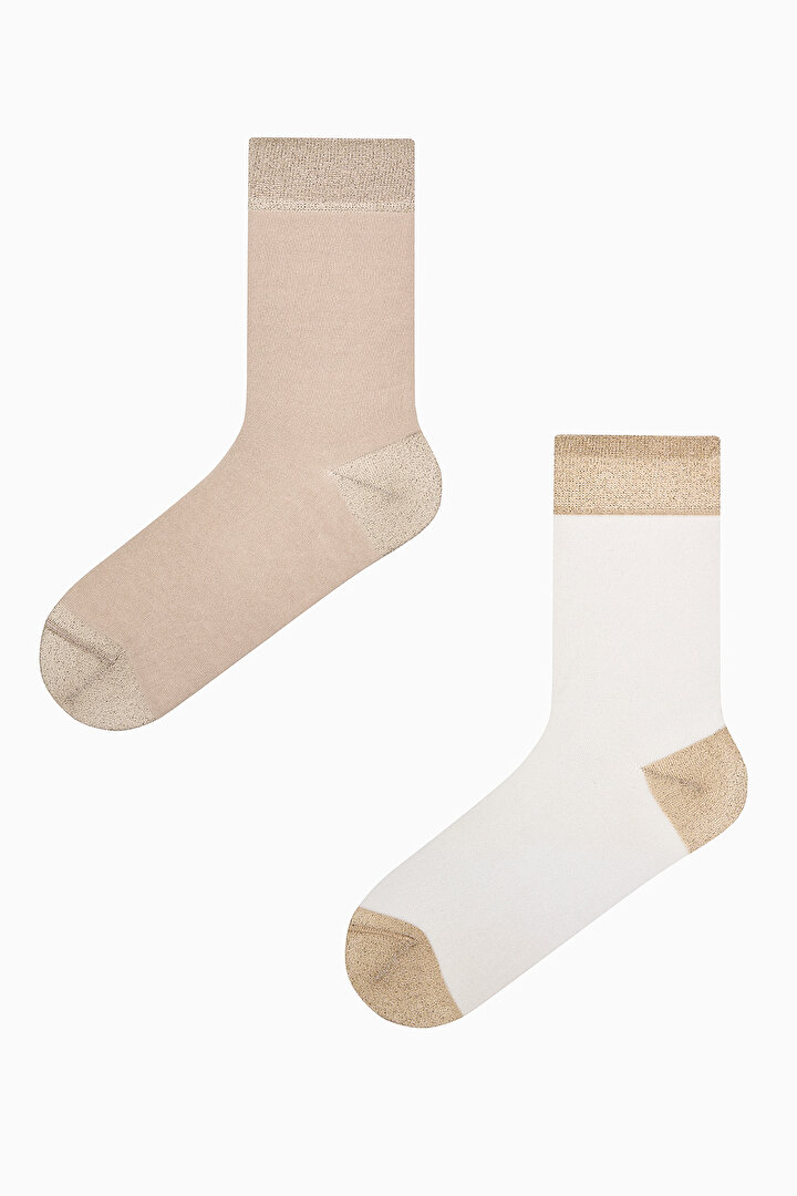 Shiny Ankle Beige White 2in1 Socket Socks - 1