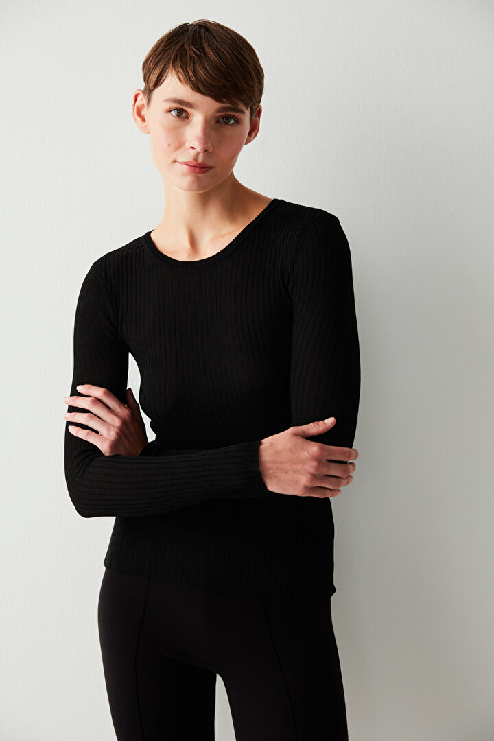 Black Tricot Top Long Armed Top - 1