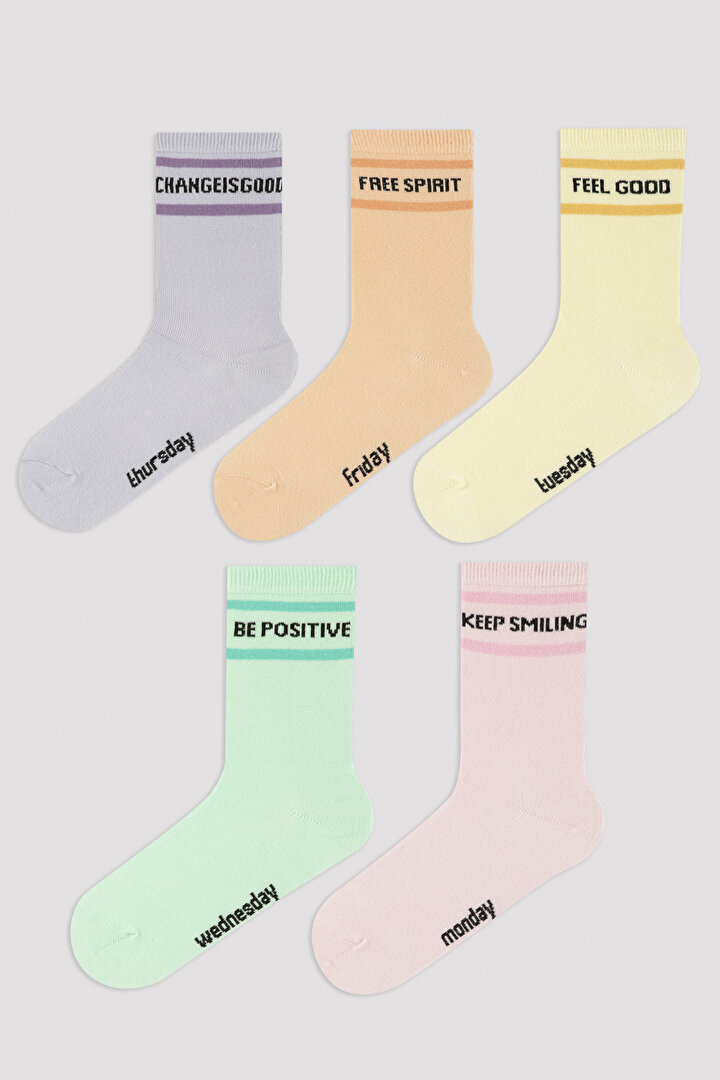 Today Mood Slogan Baskılı 5li Soket Çorap - 1
