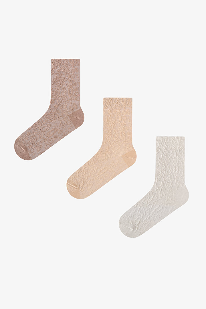 Kahve Elegance Texture Pamuklu Jakarlı 3 Çift Soket Çorap - 1