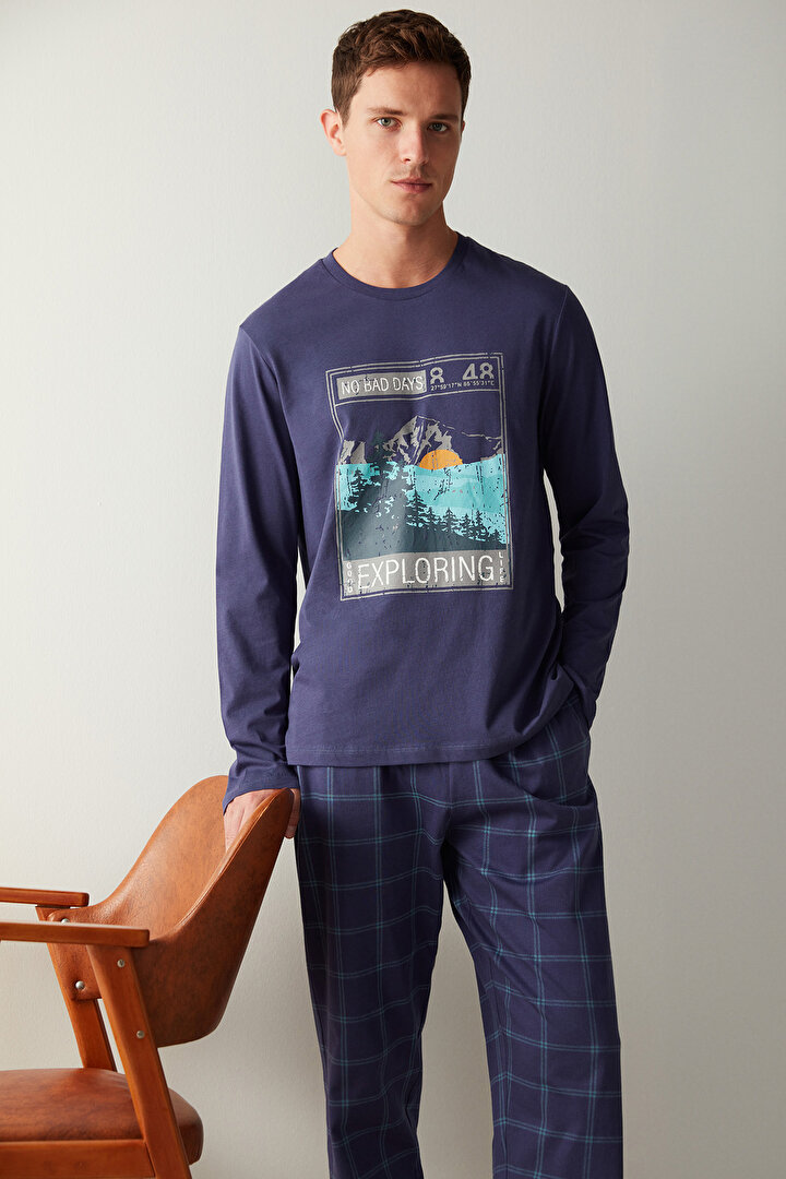 Erkek Explore Pantolon Mavi Pijama Takımı - 1