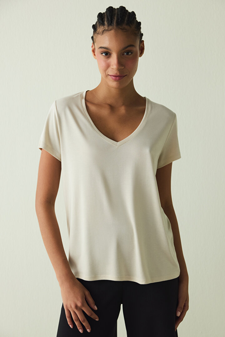 Beige V Neck Short Sleeve Modal T-Shirt - 1