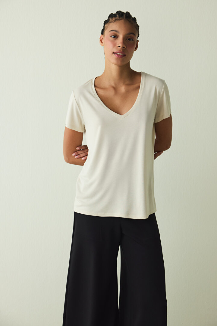 Beige V Neck Short Sleeve Modal T-Shirt - 2