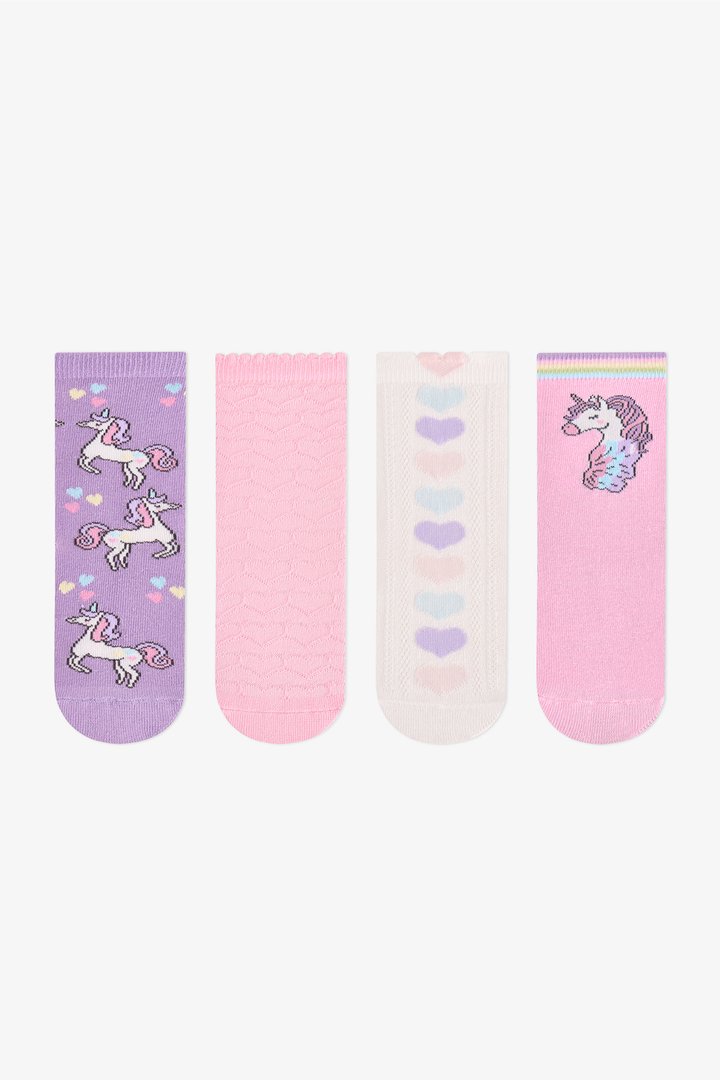 Kız Çocuk Pembe Unicorn Pamuklu 4 Çift Soket Çorap - 1