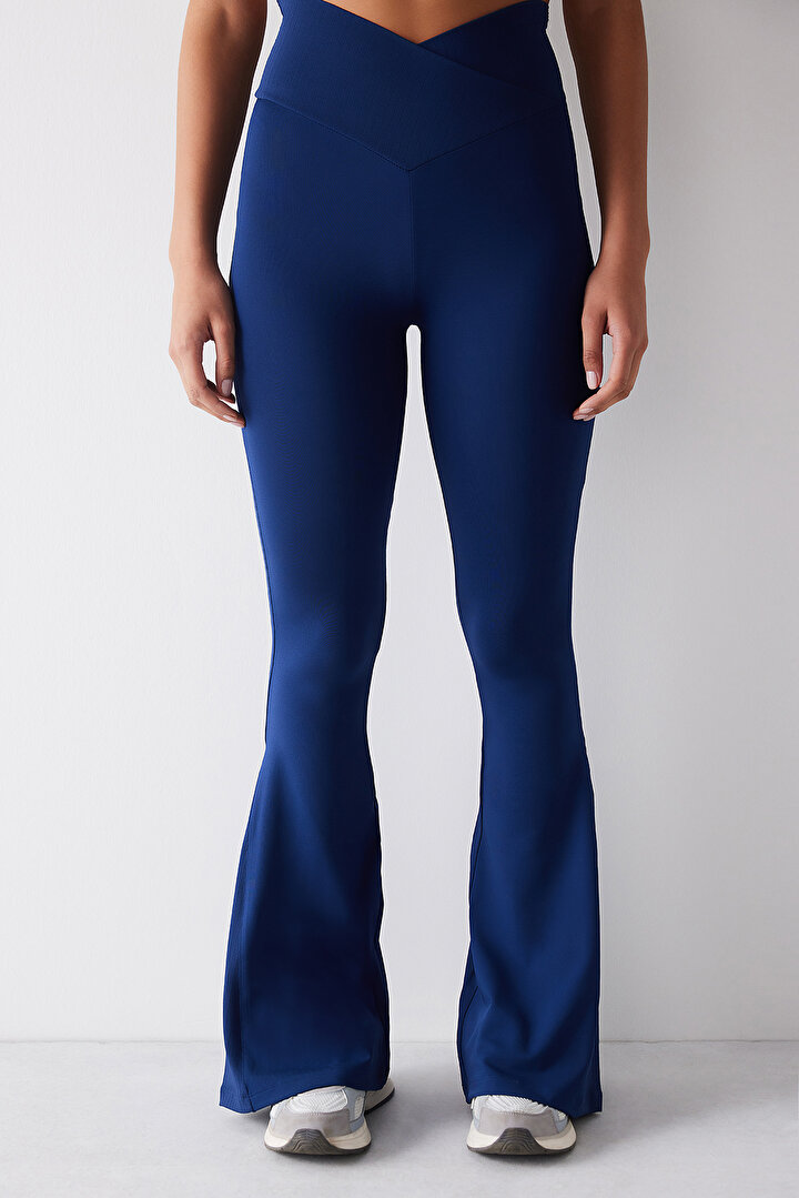 Lacivert Çapraz Bel Detaylı Slim Fit Flare İspanyol Paça Pantolon - 2