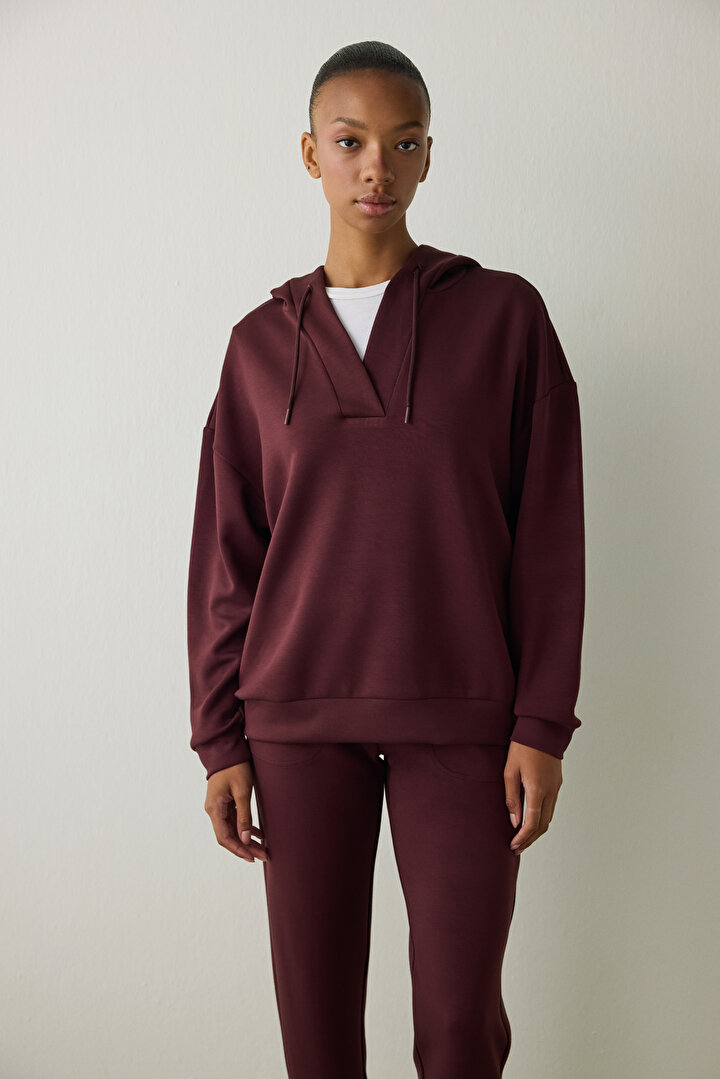 Bordo Silky Feel V Yaka Oversize Kapüşonlu Sweatshirt - 2
