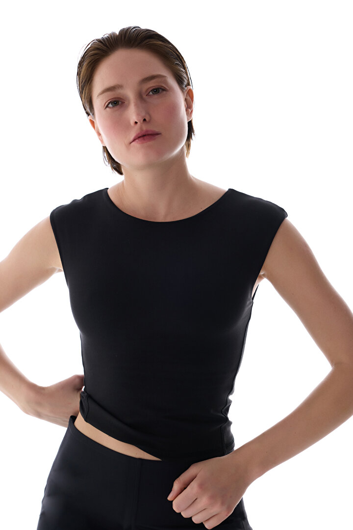 Black Flatlock Seam Detailed Active Top - 1