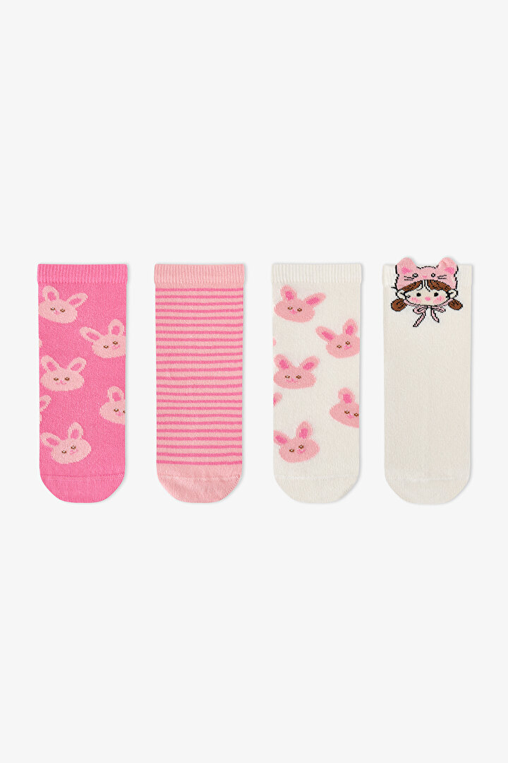 Girls' Pink Kindly Friends Animal Print Cotton 4 Pack Ankle Socks - 1