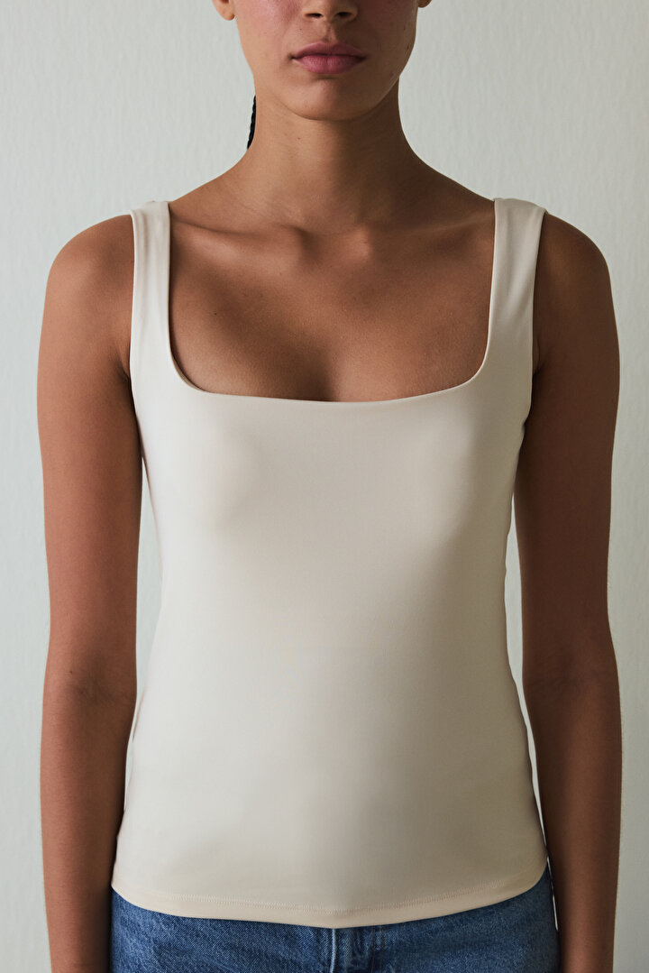 Bej Kare Yaka Kalın Askılı Kaplı Slim Fit Üst - 2