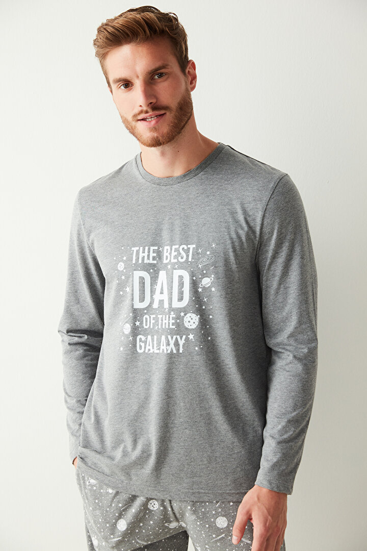 Gri Erkek The Best Dad of The Galaxy Slogan Baskılı Pijama Takımı - 1