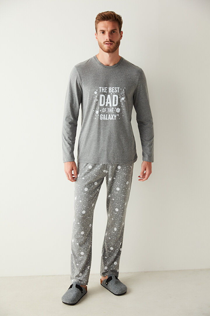 Gri Erkek The Best Dad of The Galaxy Slogan Baskılı Pijama Takımı - 2