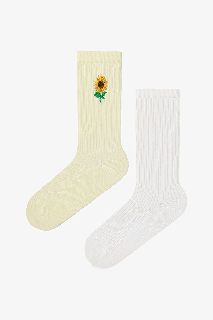 Sarı - Multi Yellow Daisy 2'li Soket Çorap - 1