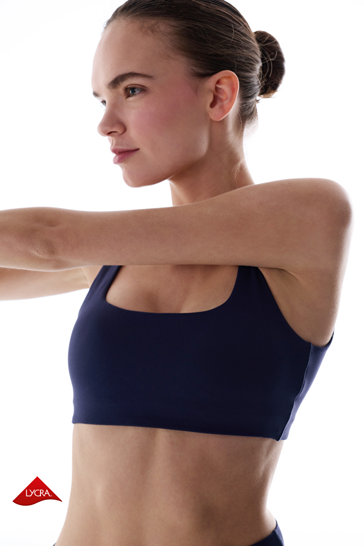 LYCRA Navy Cream Light Support Square Neck Removable Pad Sports Bra - 1