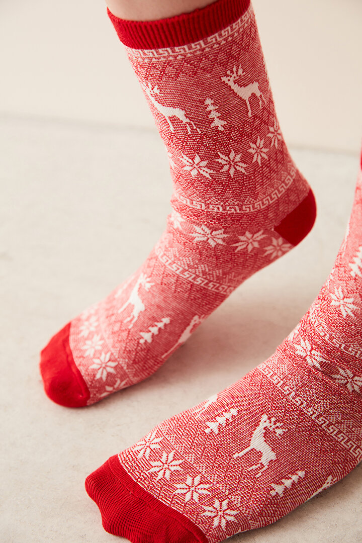 New Year Deer Snowflake Gri 2li Soket Çorap - 1