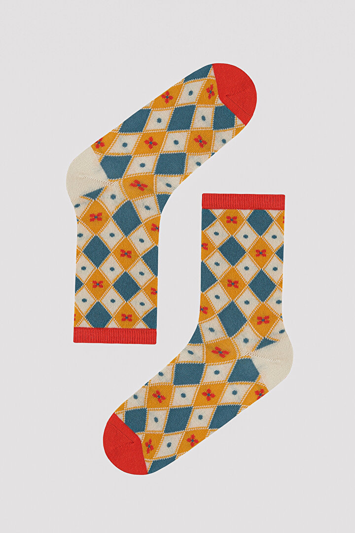 Geometric Floral Haki 3lü Soket Çorap - 2