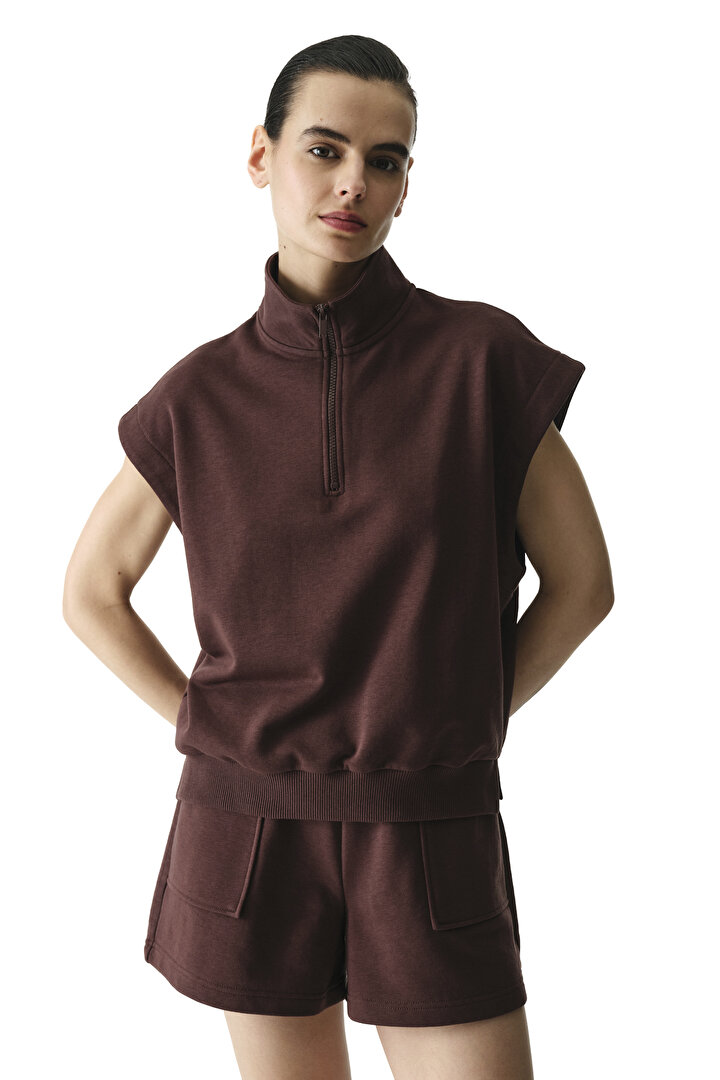 Kahverengi Yarım Fermuarlı Kısa Kollu Pamuklu Sweatshirt - 1