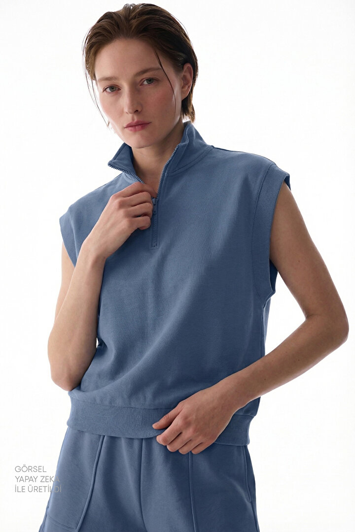 Mavi Yarım Fermuarlı Kısa Kollu Pamuklu Sweatshirt - 1