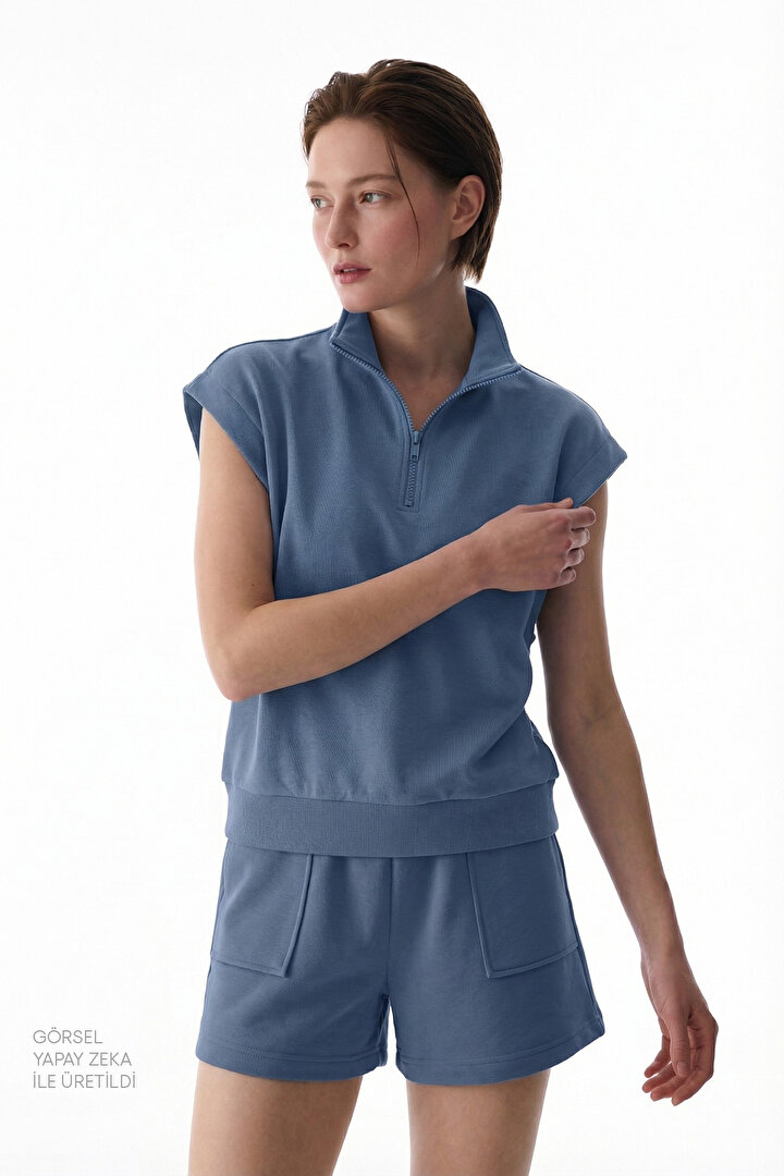 Mavi Yarım Fermuarlı Kısa Kollu Pamuklu Sweatshirt - 2