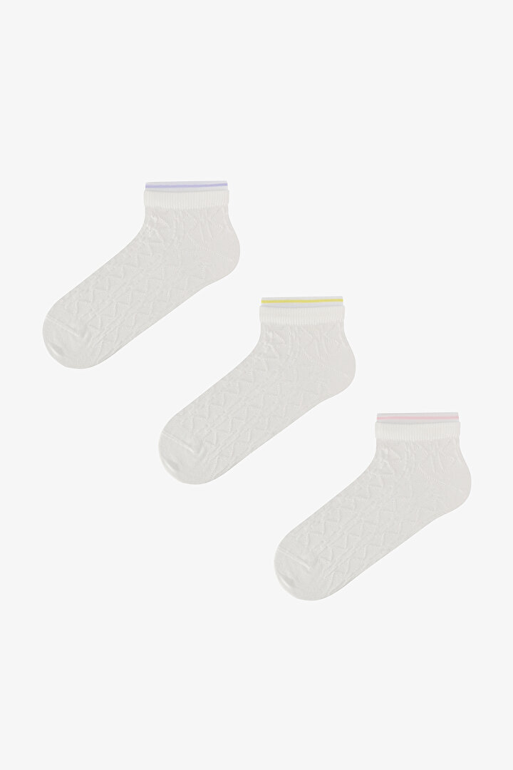 3 Çift Burun Dikişsiz Pamuklu Kendinden Desenli Bilek Detaylı Patik Çorap - 1