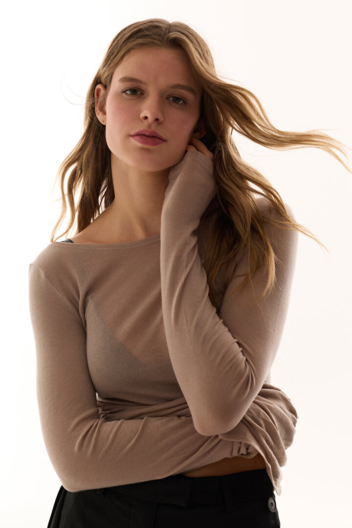 Dark Beige Boat Neck Cashmere Top - 2