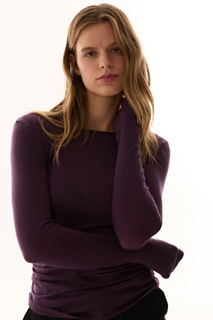 Dark Purple Boat Neck Cashmere Top - 2