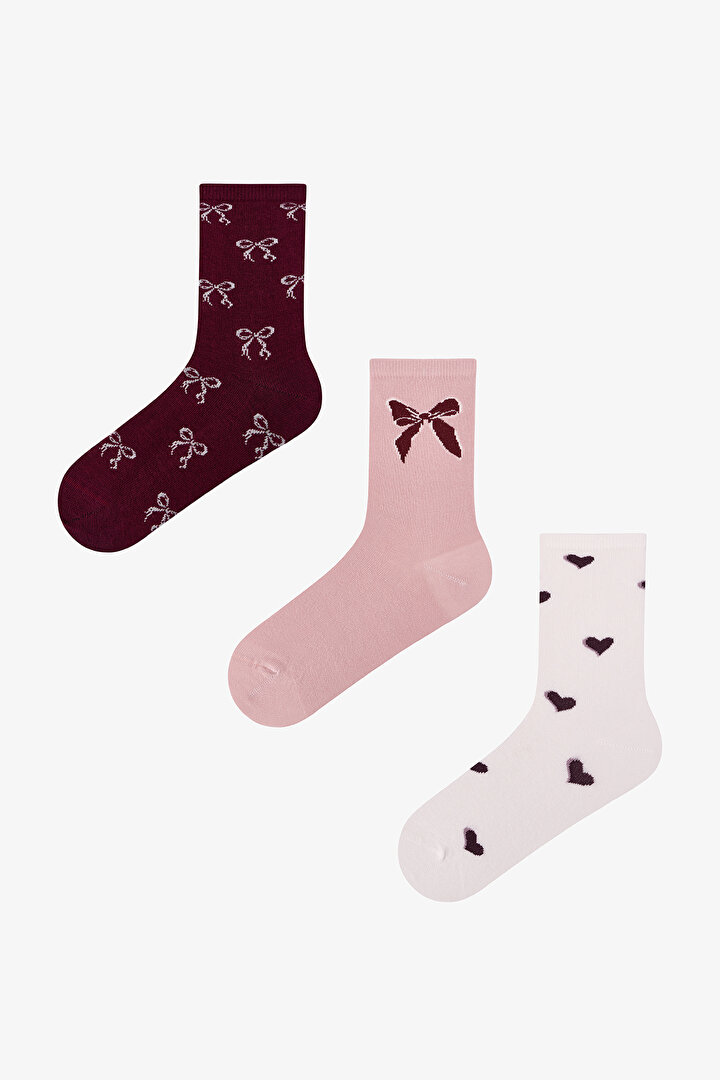 Bordo Ribbon Heart Fiyonk Desenli Pamuklu 3 Çift Soket Çorap - 1
