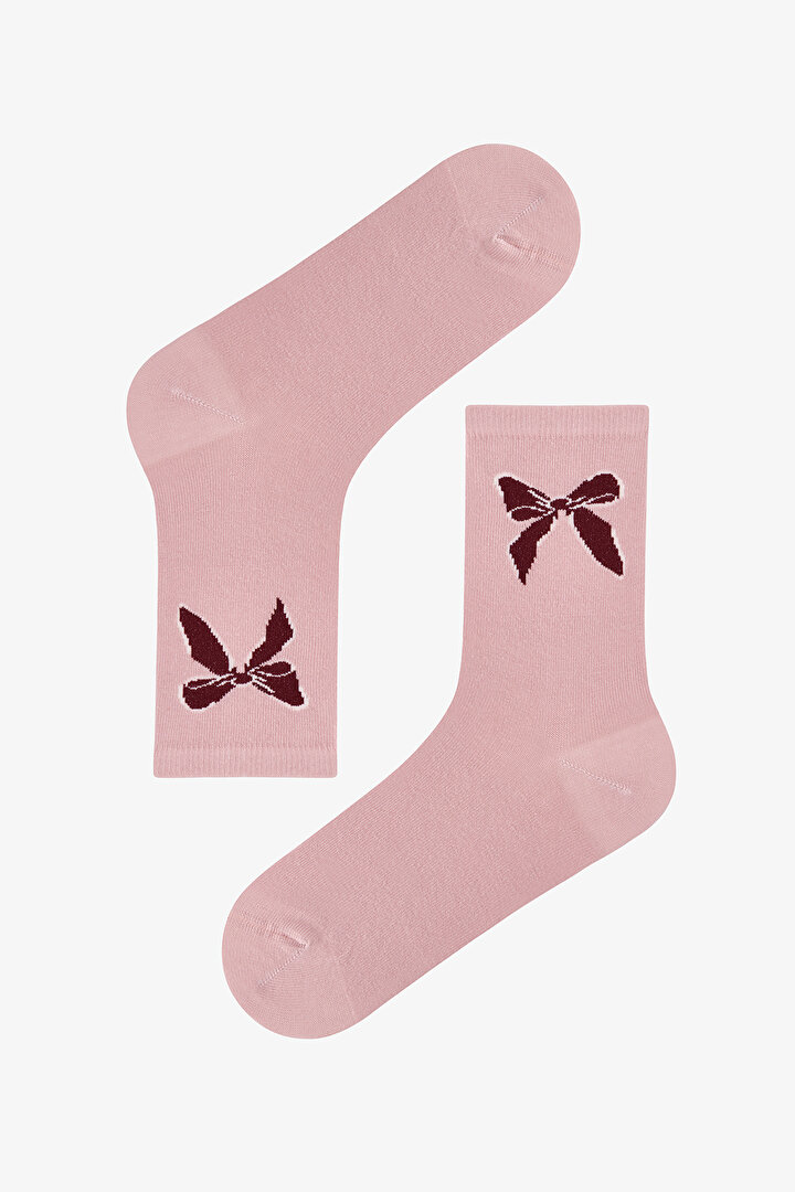 Bordo Ribbon Heart Fiyonk Desenli Pamuklu 3 Çift Soket Çorap - 2