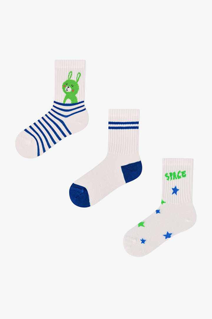 Erkek Çocuk Mavi Astro Bunny Yıldız Desenli Pamuklu 3 Çift Soket Çorap - 1